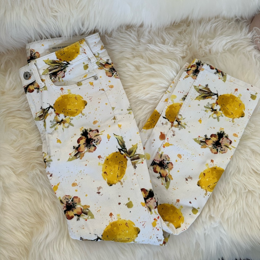 Brand New 🍋 Anthropologie Jeans Lemon Italian Print Paint Splatter White Splash